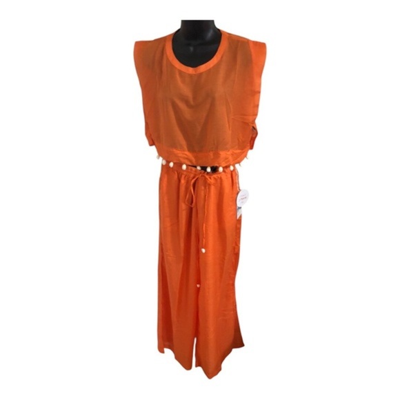 Orange 2 piece sheer cowrie shell adorned crop top and split leg pants beach set - Picture 9 of 17